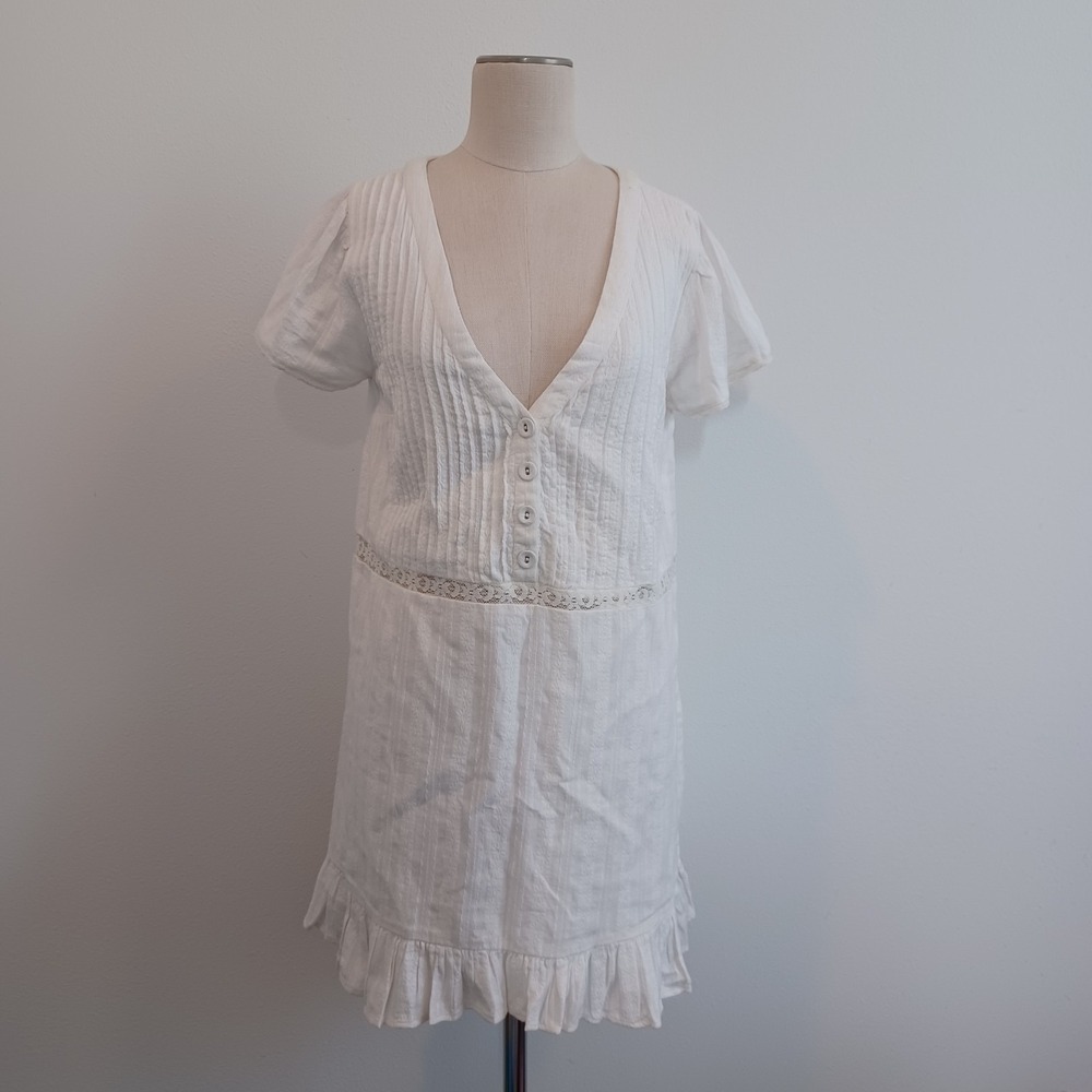 Urban Outfitters Dress Women M White A Line V Neck‎ Cotton Pintuck Lace Boho NWT